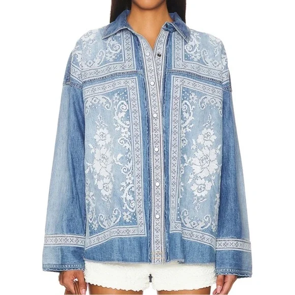 NWT FREE PEOPLE Lace Embroidered Denim Shirt size Medium - Picture 4 of 7